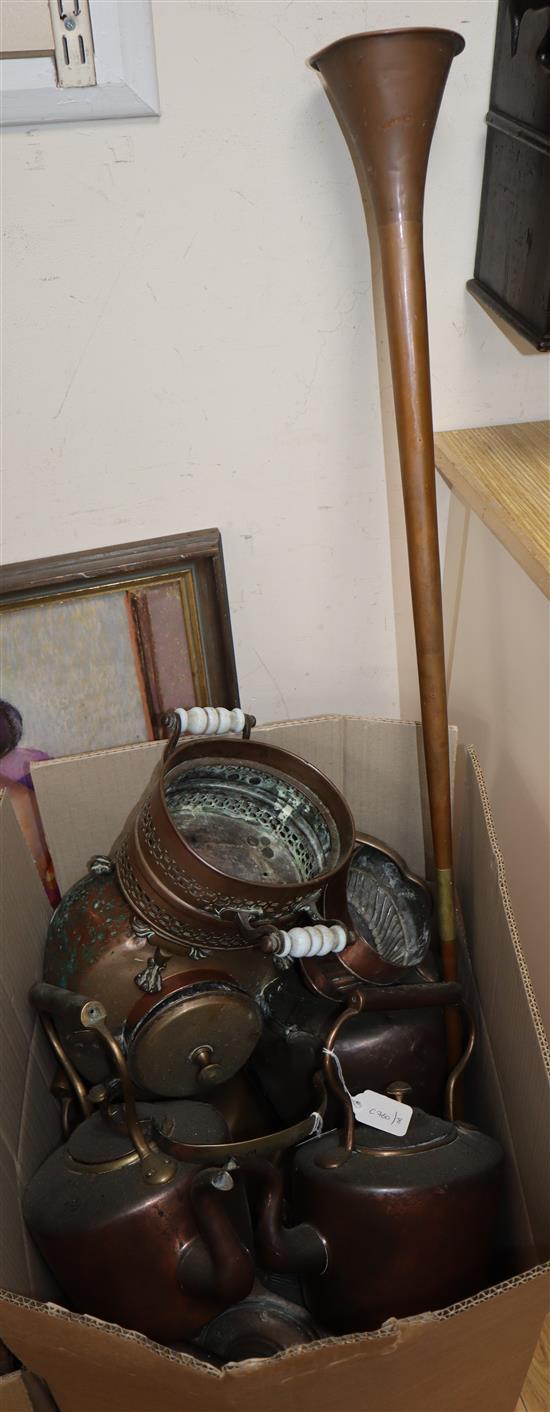 Eleven Victorian copper and brass kettles, jelly mould and sundries